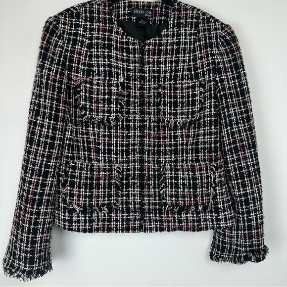 Style & Co Jacket Size 12 Petite Tweed 2 Way Zip  Preppy Business Casual - Picture 1 of 11